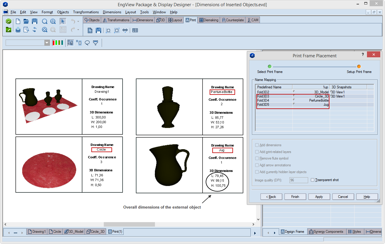 Overall dimensions in 3D models and inserted objects